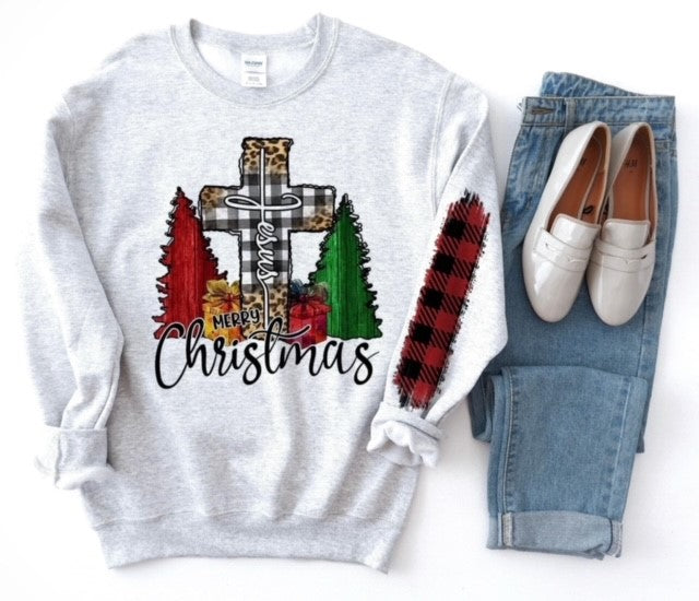 Merry Christmas Jesus Buffalo plaid Cross